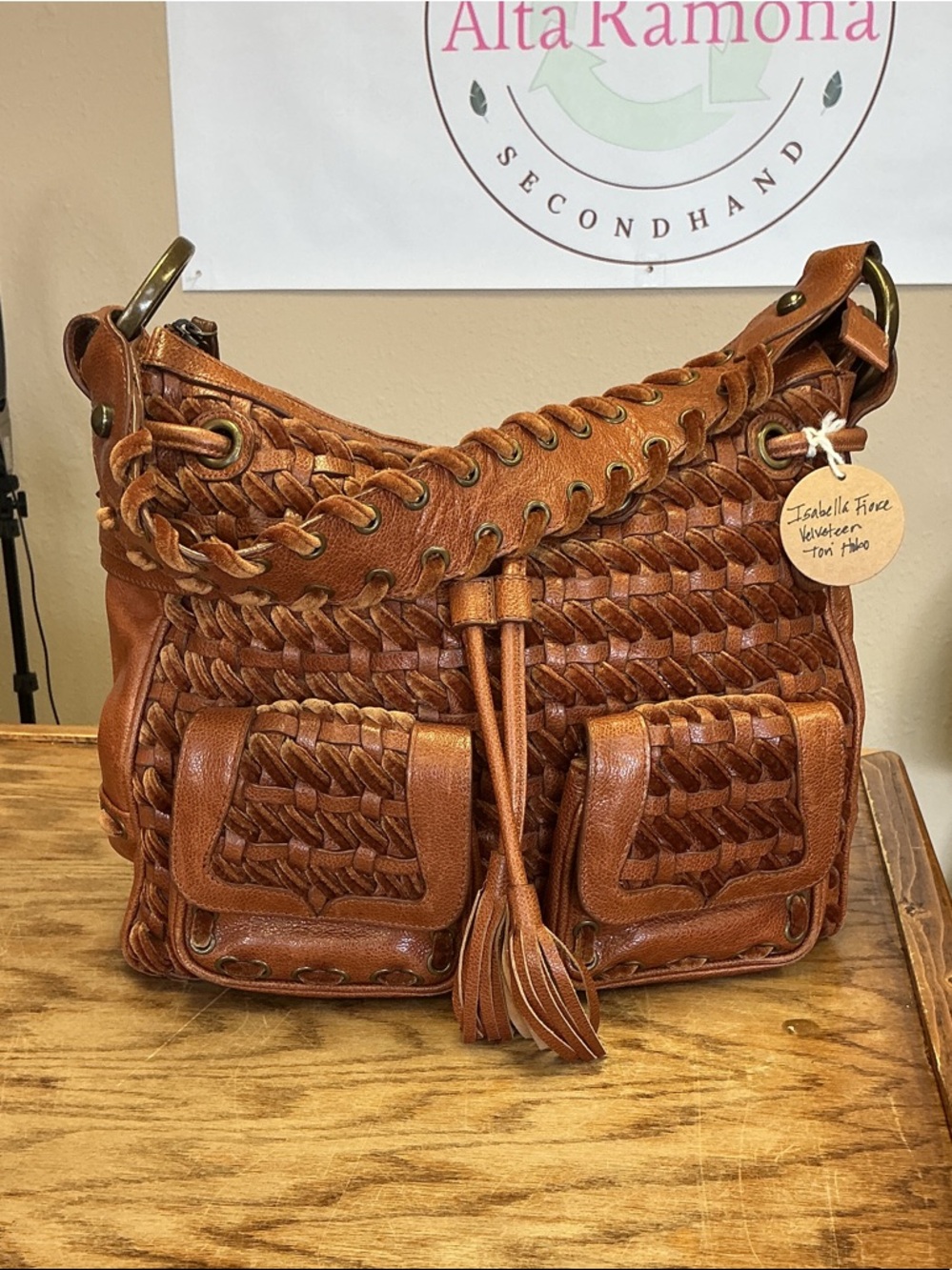 Isabella Fiore Woven Tan Leather Shoulder Bag with Tassel